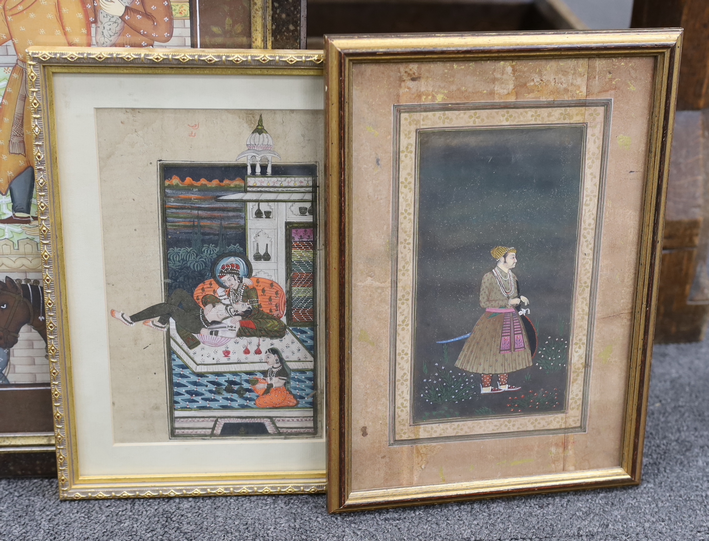 Four Indian or Persian watercolours, Attendants with Emperor, figures and lovers, largest 74 x 45cm